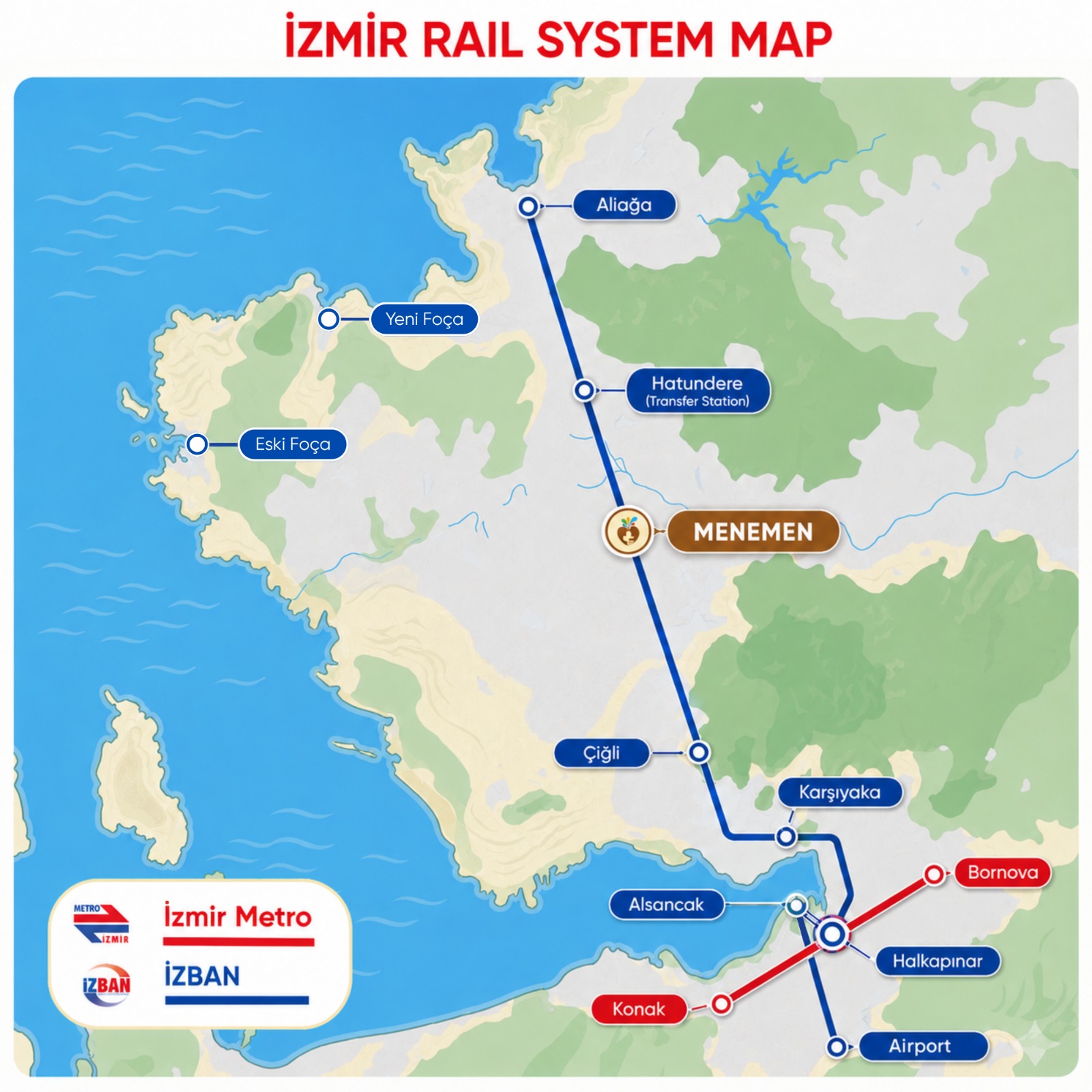 Transportation map between Menemen İZBAN Station and Menemen City Park