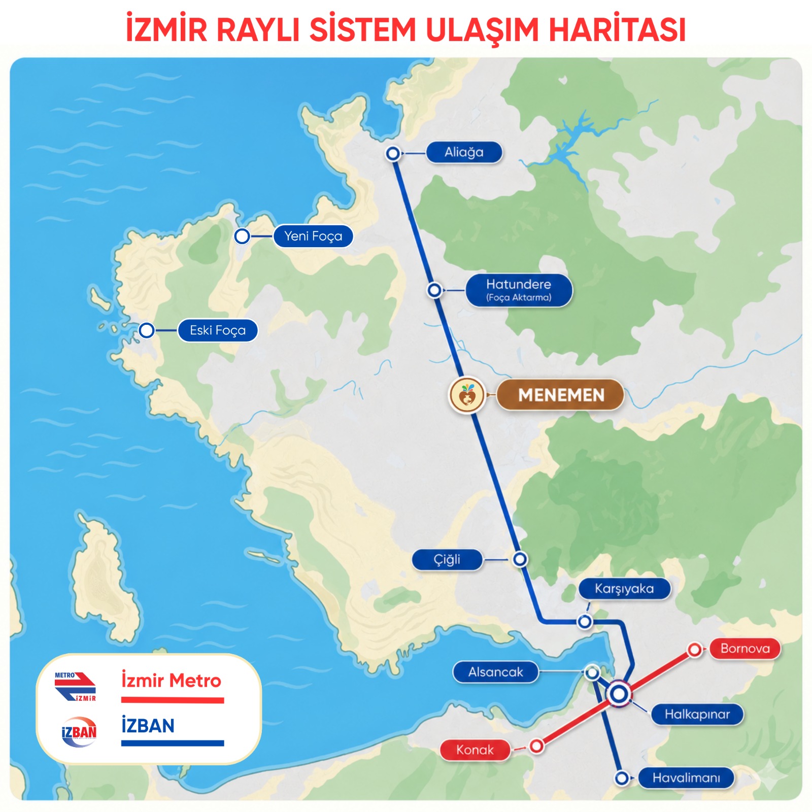 Menemen İZBAN İstasyonu ile Menemen Şehir Parkı arasındaki ulaşım haritası
